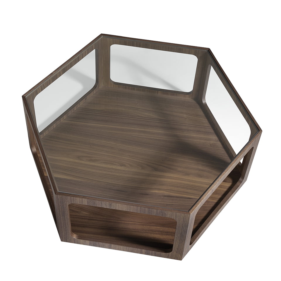 Masa de Cafea din Nuc Hexagonala cu Blat din Sticla Angel Cerda
