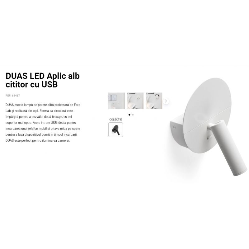 Aplica cu reader LED minimalista cu USB charger DUAS White