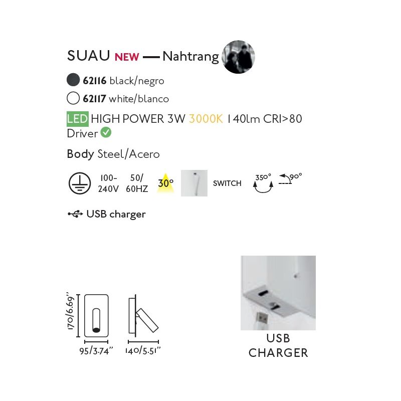 Aplica cu reader LED minimalista cu USB charger SUAU White