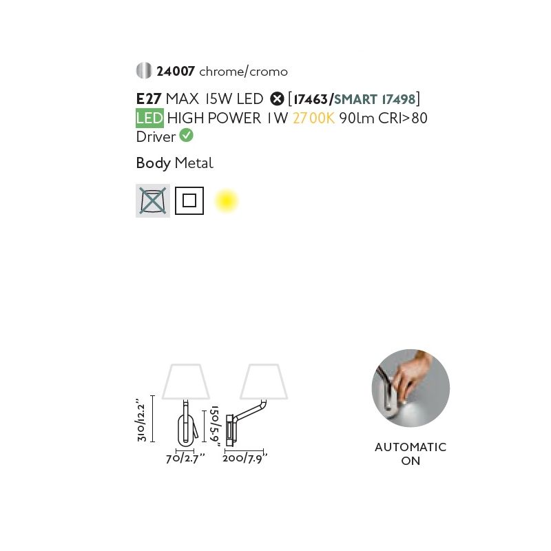 Aplica cu reader LED pe dreapta design elegant ETERNA crom/alb