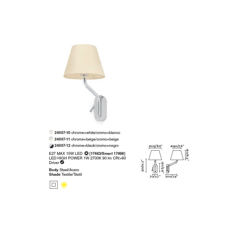 Aplica cu reader LED pe stanga design elegant ETERNA crom/bej