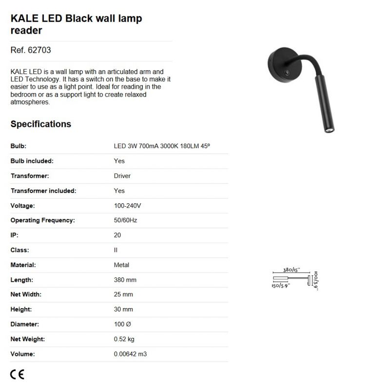 Aplica cu reader LED stil modern minimalist KALE neagra