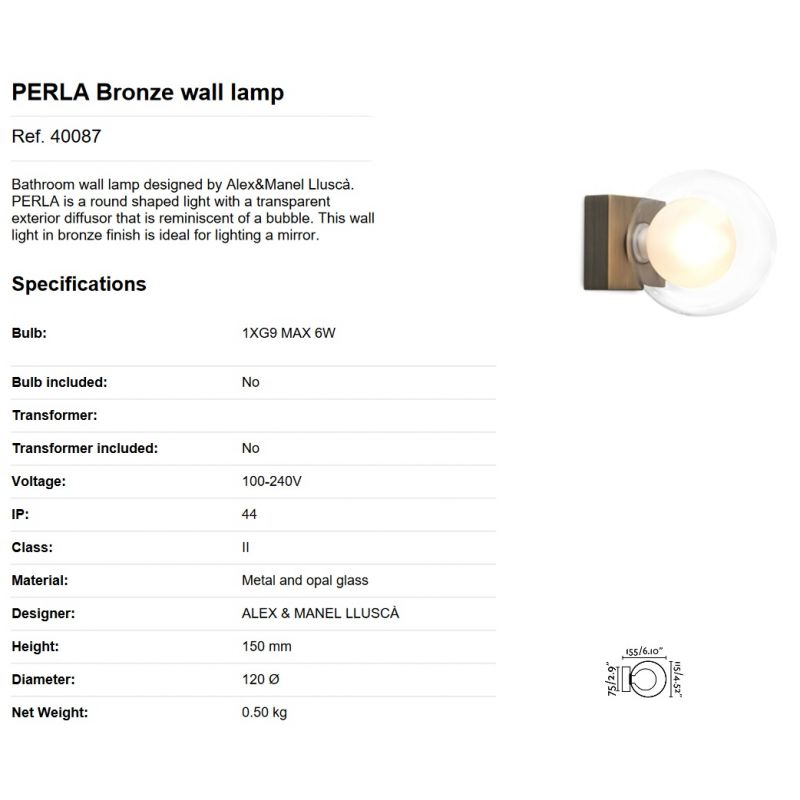 Aplica de perete baie cu protectie IP44 PERLA Bronze