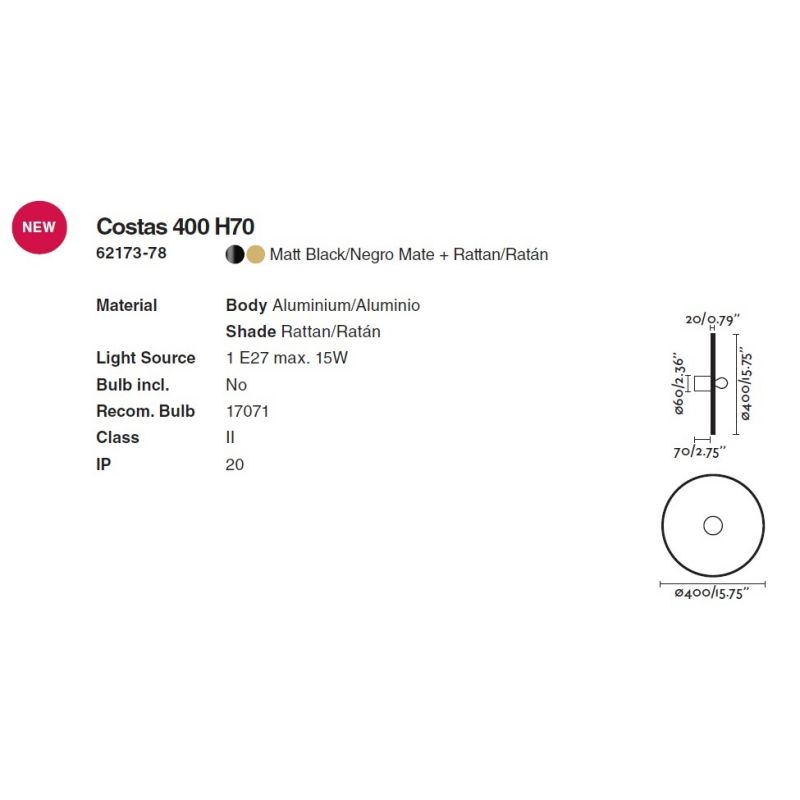 Aplica de perete/tavan design natural din ratan COSTAS 40cm