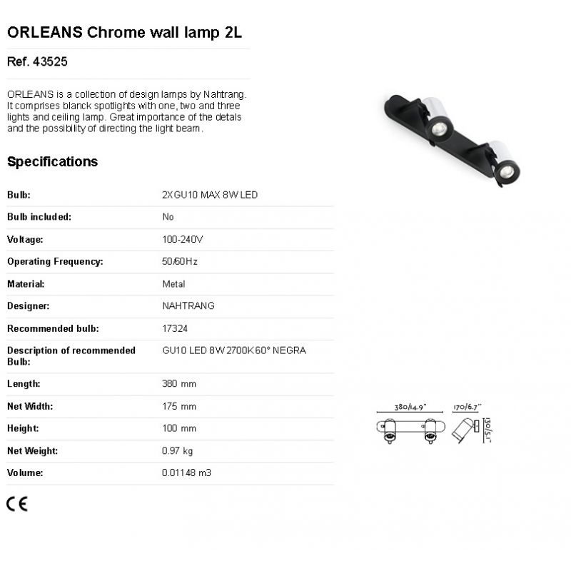 Aplica LED stil modern minimalist ORLEANS 2L crom
