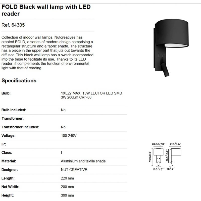 Aplica moderna cu reader LED FOLD Black