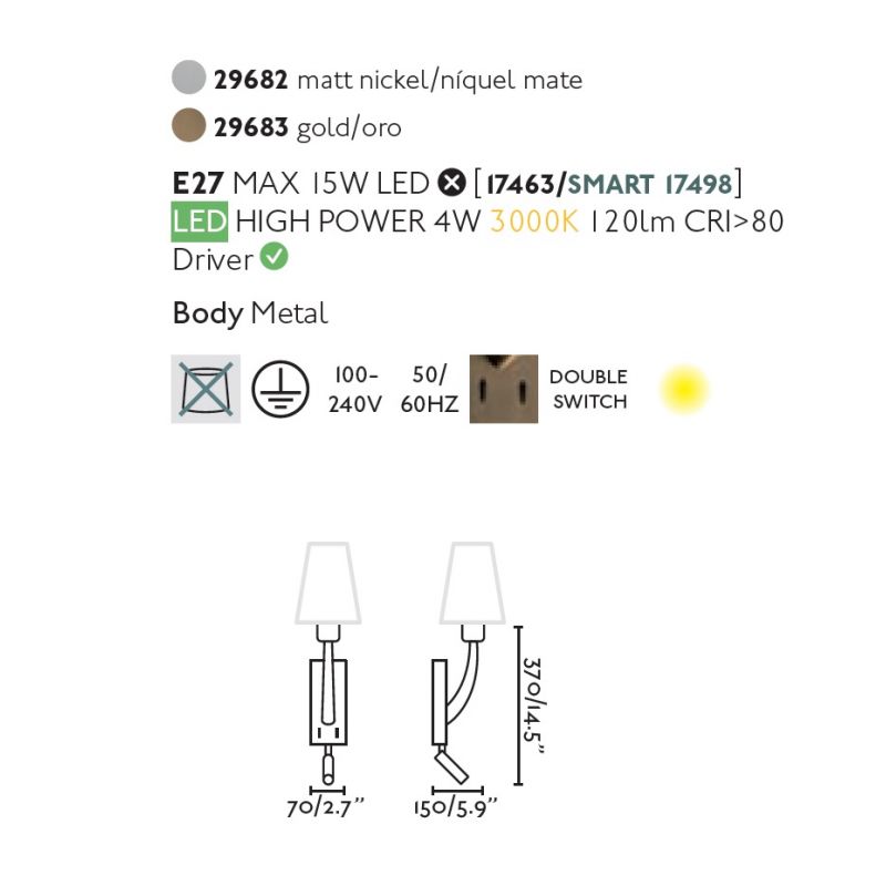 Aplica perete cu reader LED design clasic REM auriu/alb
