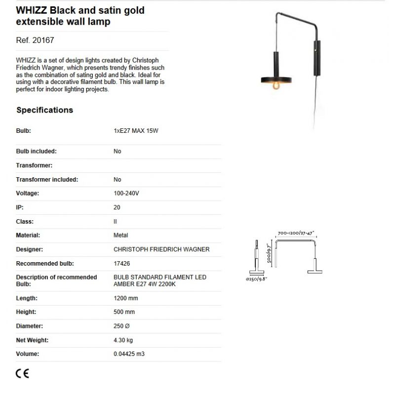 Aplica perete extensibila design modern WHIZZ negru/auriu