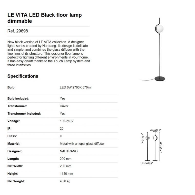 Lampadar LED dimabil design modern LE VITA LED Black