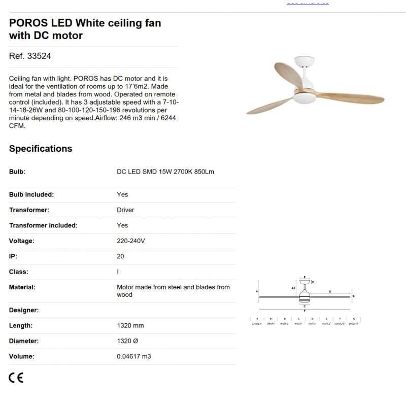Lustra LED cu Ventilator si telecomanda design modern POROS alb/lemn