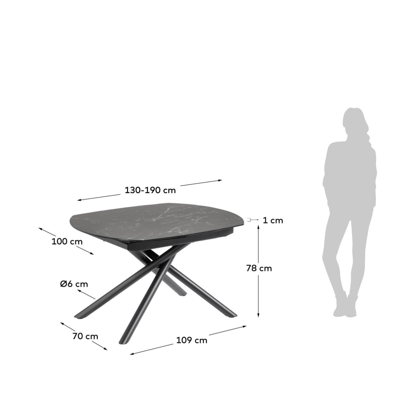 Masa dining extensibila neagra din metal 100x130(190) cm Yodalia Marble Kave Home