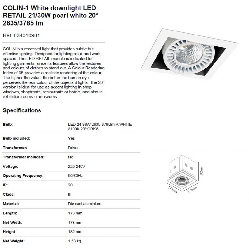 Spot LED incastrabil COLIN-1 20° RETAIL 21/30W pearl white