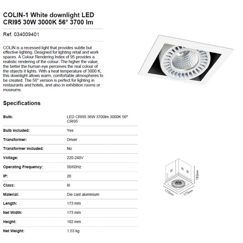 Spot LED incastrabil COLIN-1 56° 30W 3000K