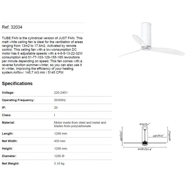 Ventilator cu telecomanda Tube alb mat / transparent
