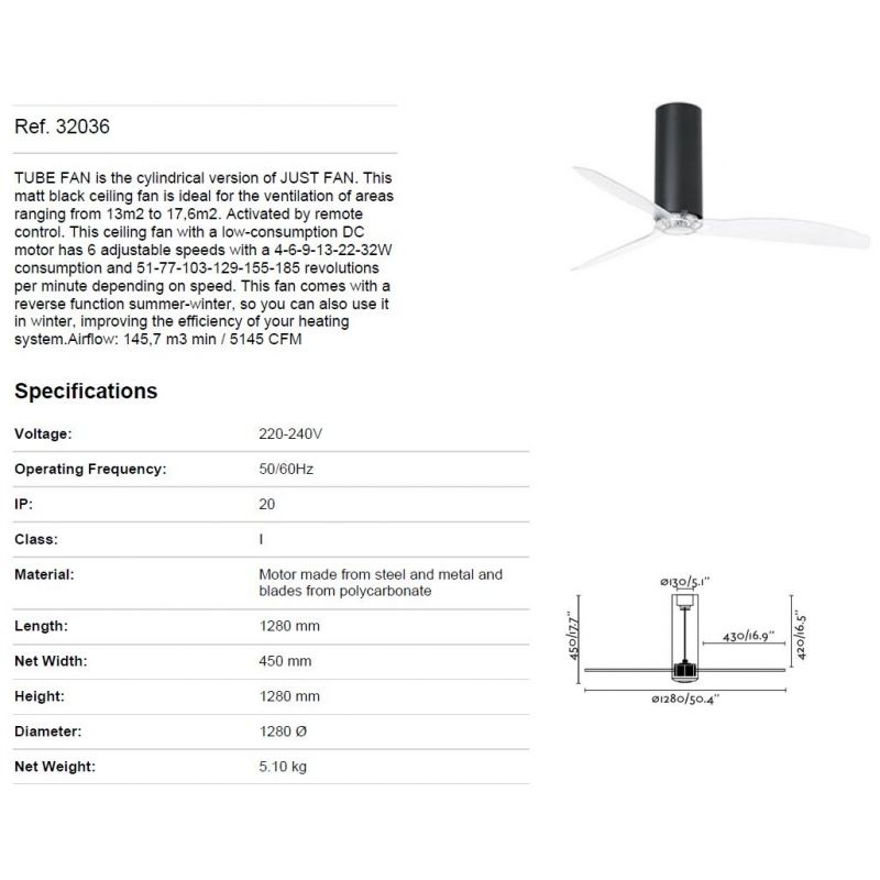 Ventilator cu telecomanda Tube negru mat / maro