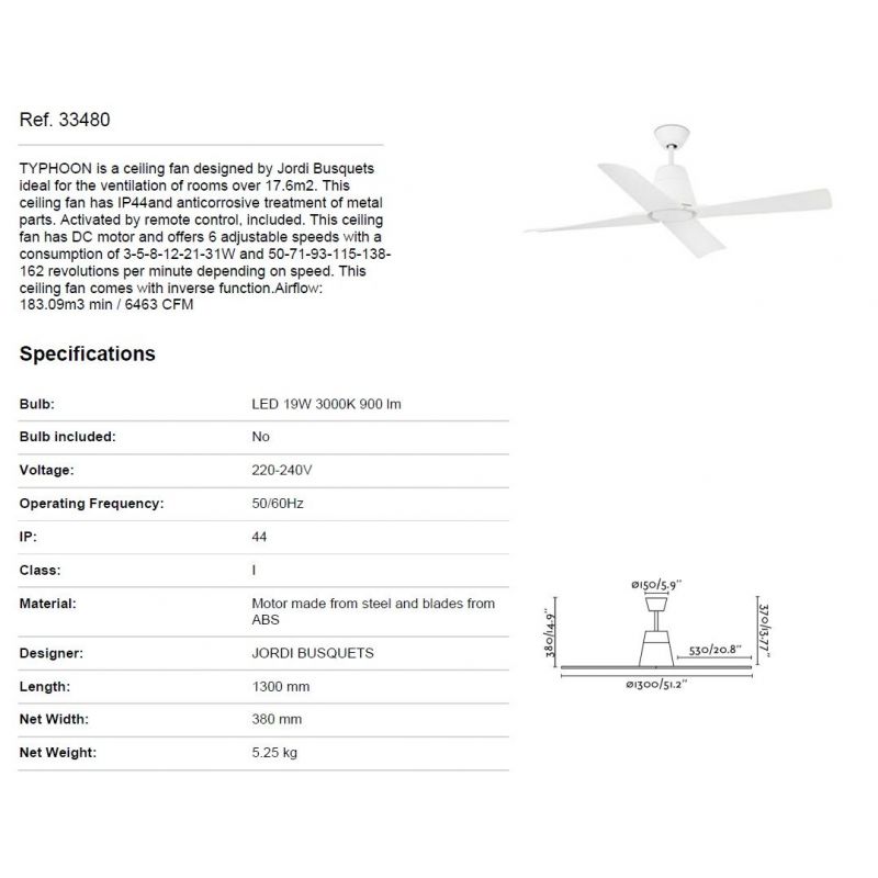Ventilator de tavan cu telecomanda de exterior IP44 design modern TYPHOON alb