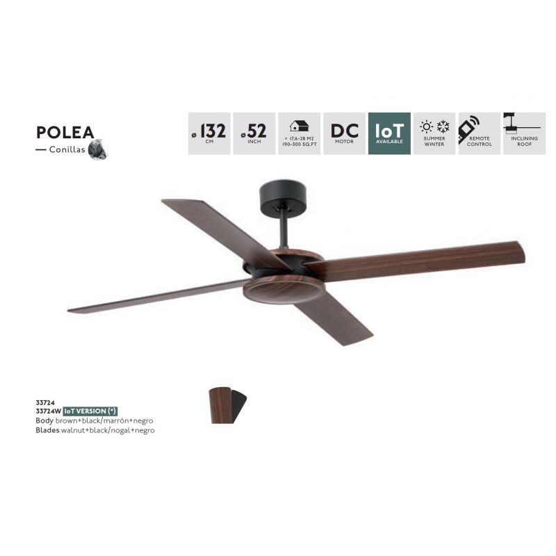 Ventilator de tavan cu telecomanda design modern POLEA negru/lemn nuc