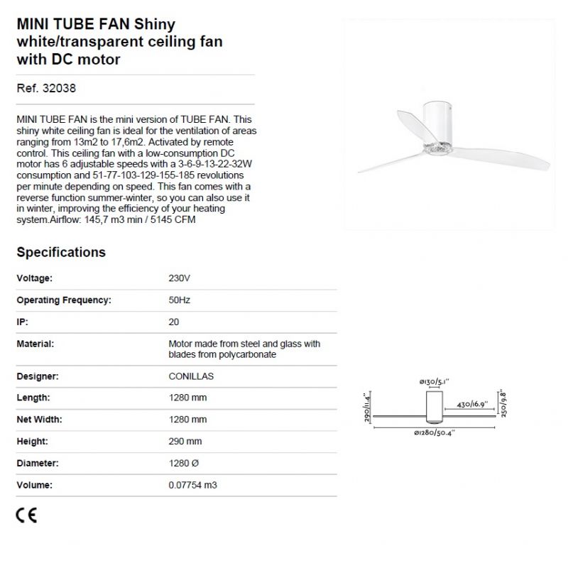 Ventilator de tavan modern cu telecomanda MINI TUBE FAN alb lucios/transparent