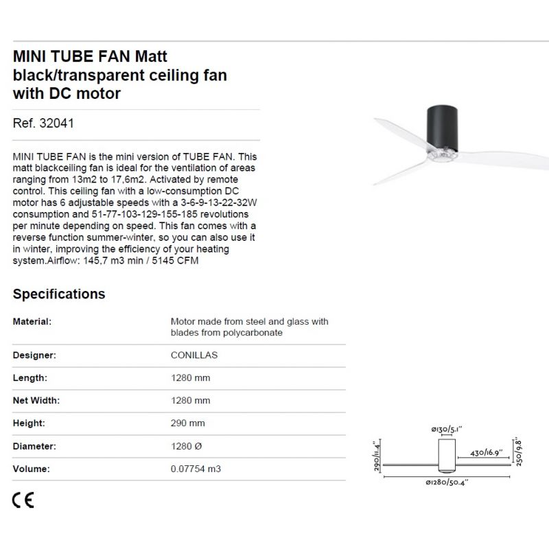 Ventilator de tavan modern cu telecomanda MINI TUBE FAN negru mat/transparent