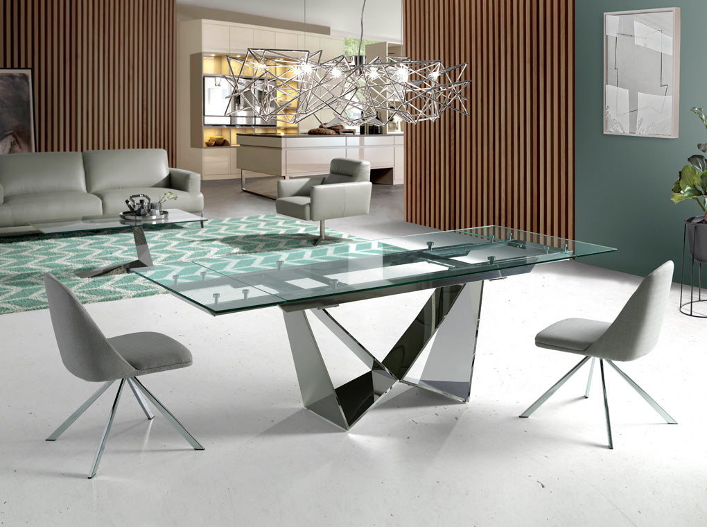 Masa de Dining din Sticla cu Extensii si Picioroare din Otel Inoxidabil Angel Cerda