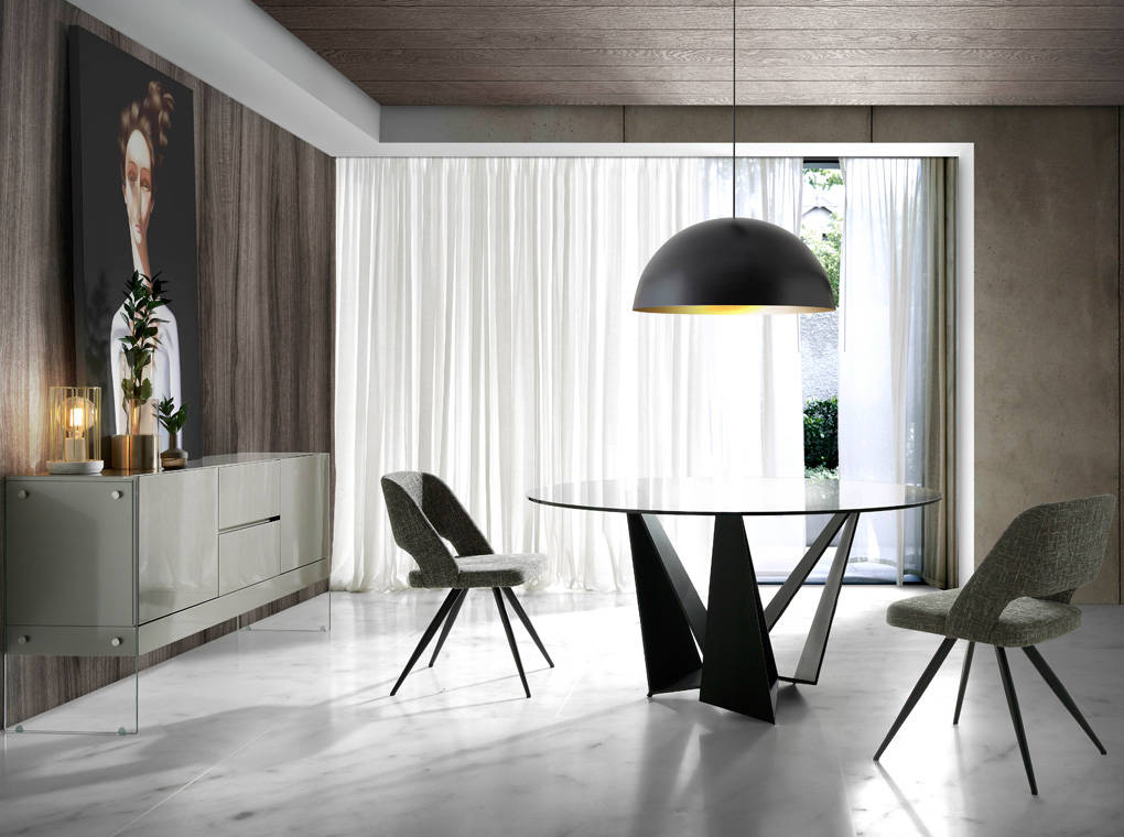 Masa de Dining Rotunda cu Blat din Sticla si Suport din Otel Inoxidabil Angel Cerda