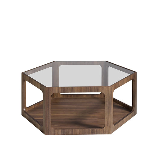 Masa de Cafea din Nuc Hexagonala cu Blat din Sticla Angel Cerda