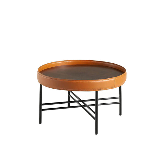 Masa de Cafea Rotunda din Nuc Natural cu Tapiterie din Piele de Vaca Cognac Angel Cerda