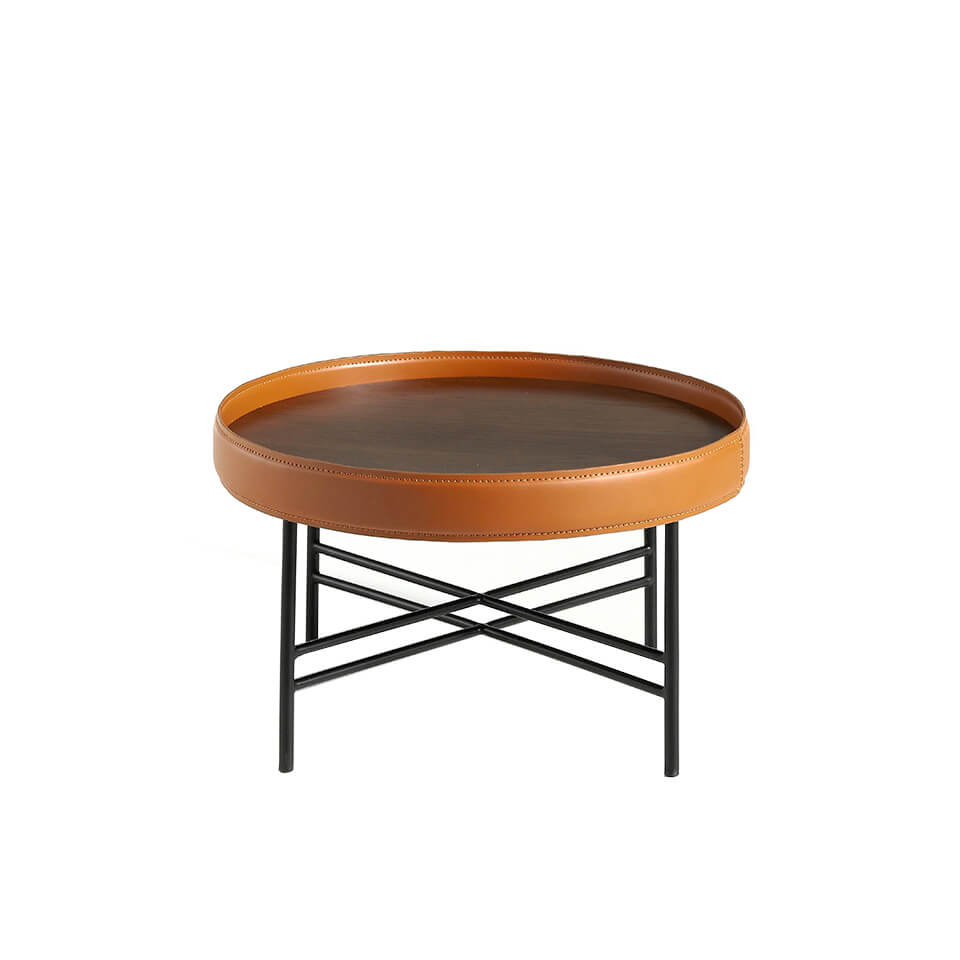 Masa de Cafea Rotunda din Nuc Natural cu Tapiterie din Piele de Vaca Cognac Angel Cerda