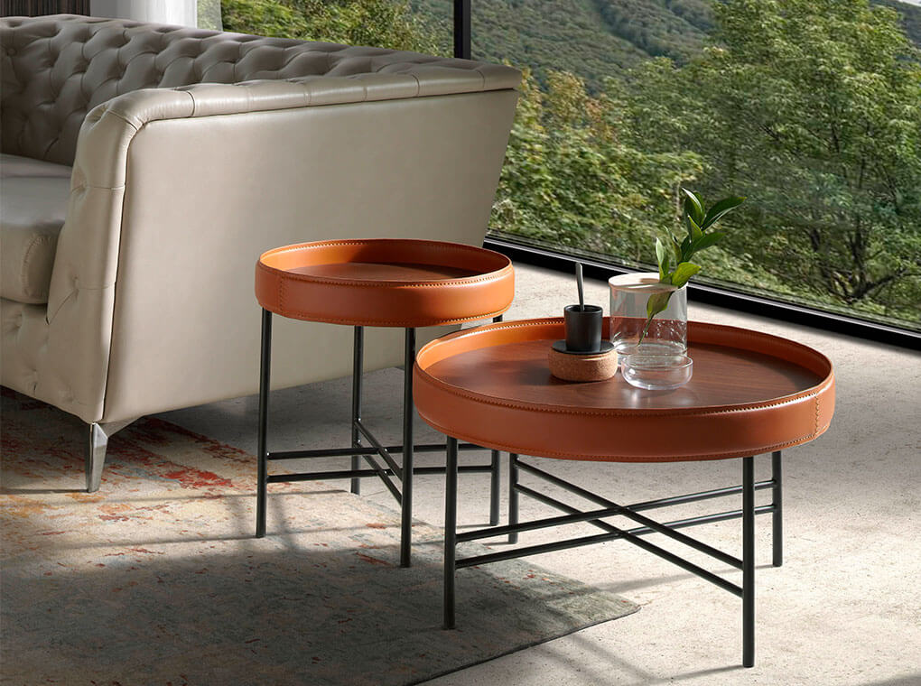 Masa de Cafea din Nuc cu Inel Tapitat in Piele Cognac Angel Cerda