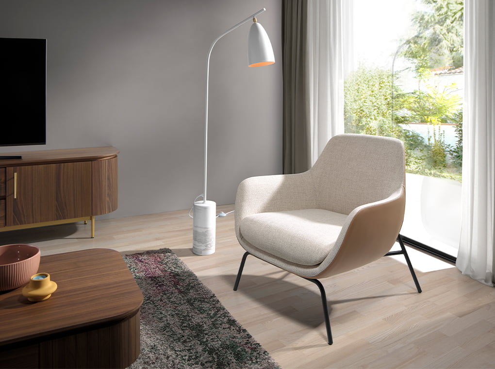 Fotoliu tapitat cu material textil si piele ecologica cu structura din otel negru Angel Cerda.