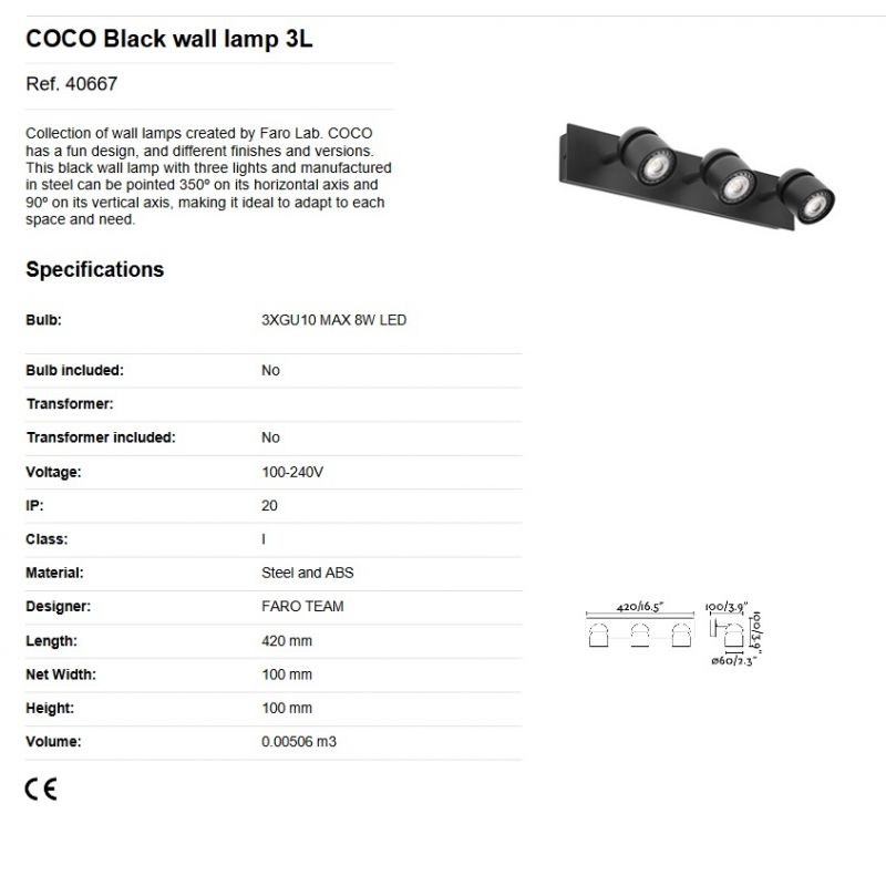 Aplica cu 3 spoturi directionabile design minimalist COCO neagra