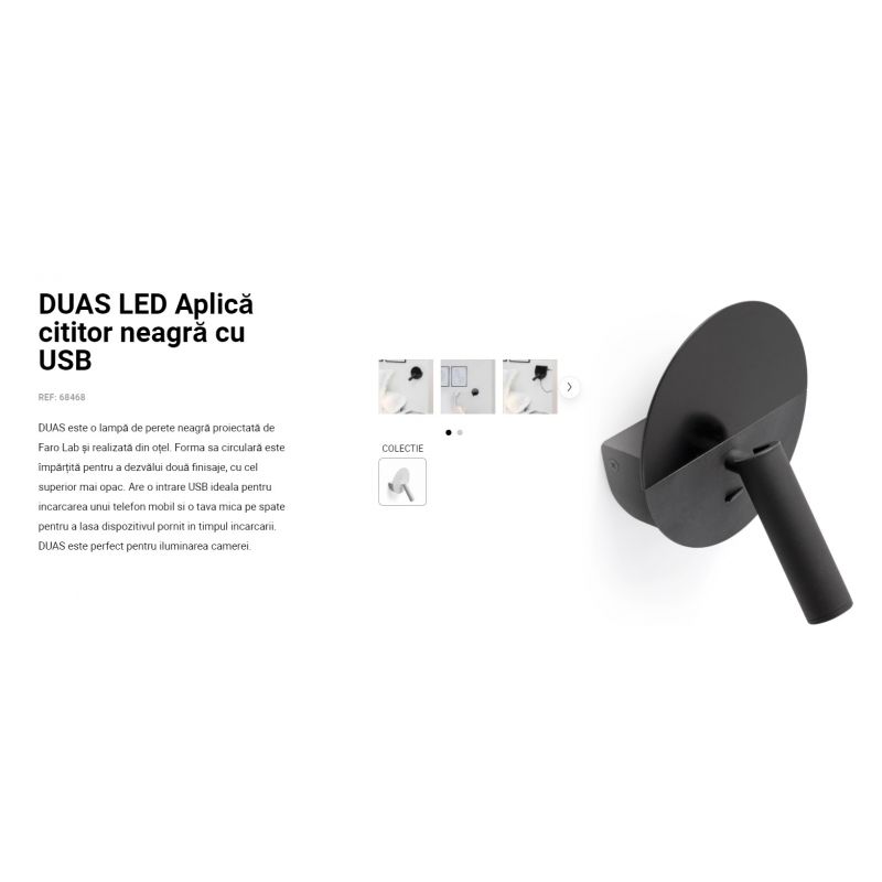 Aplica cu reader LED minimalista cu USB charger DUAS Black