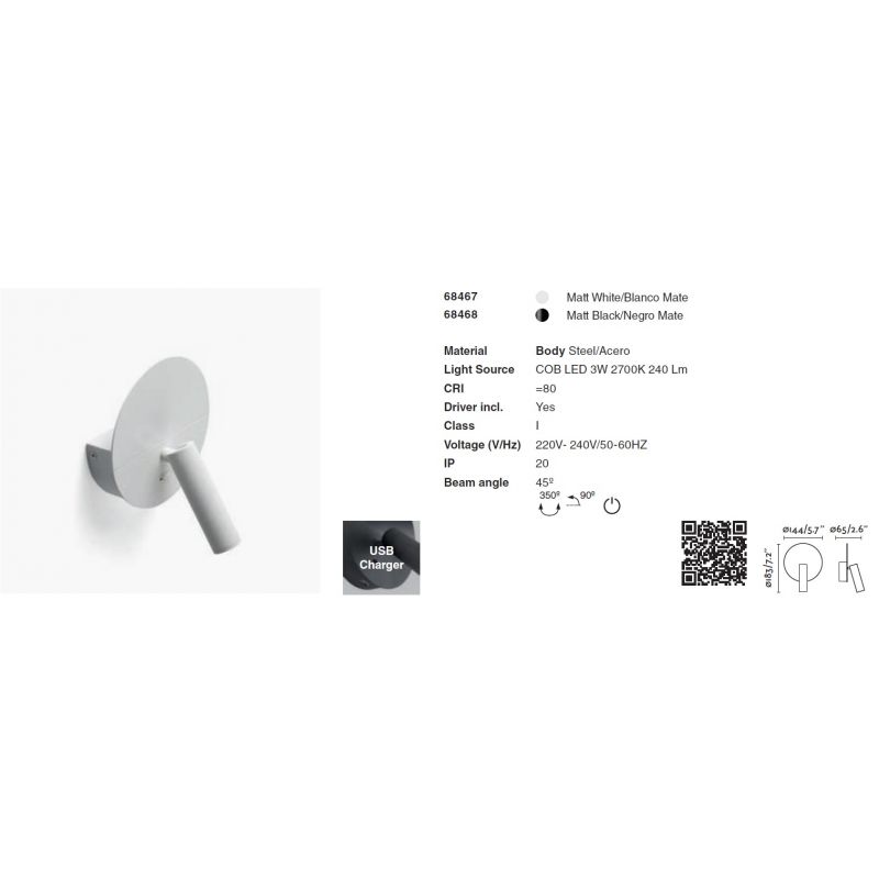 Aplica cu reader LED minimalista cu USB charger DUAS Black