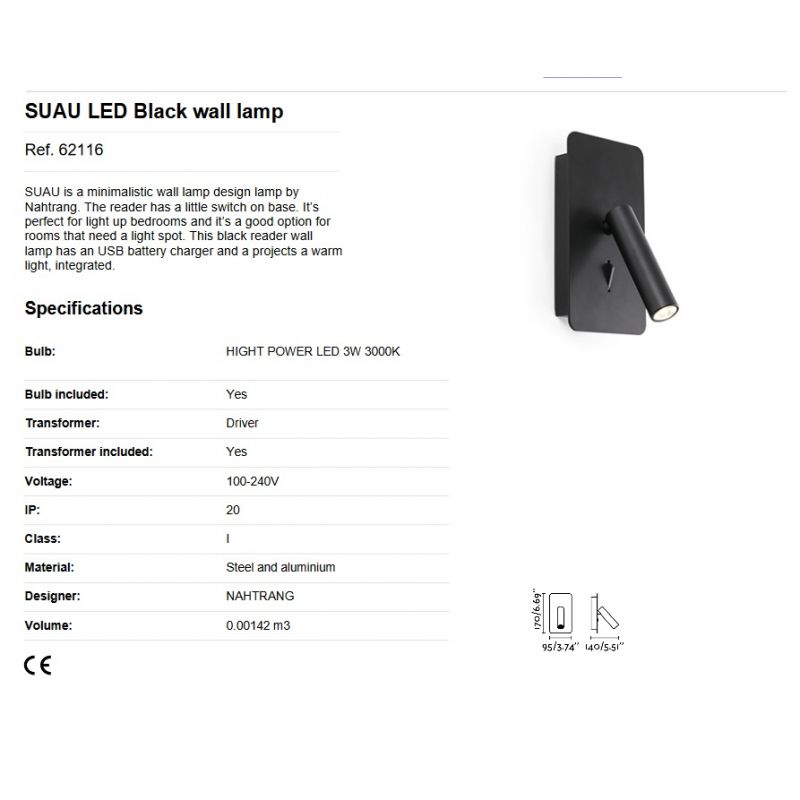 Aplica cu reader LED minimalista cu USB charger SUAU Black