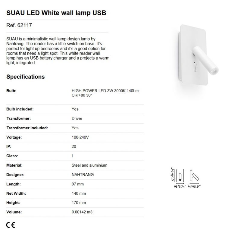 Aplica cu reader LED minimalista cu USB charger SUAU White