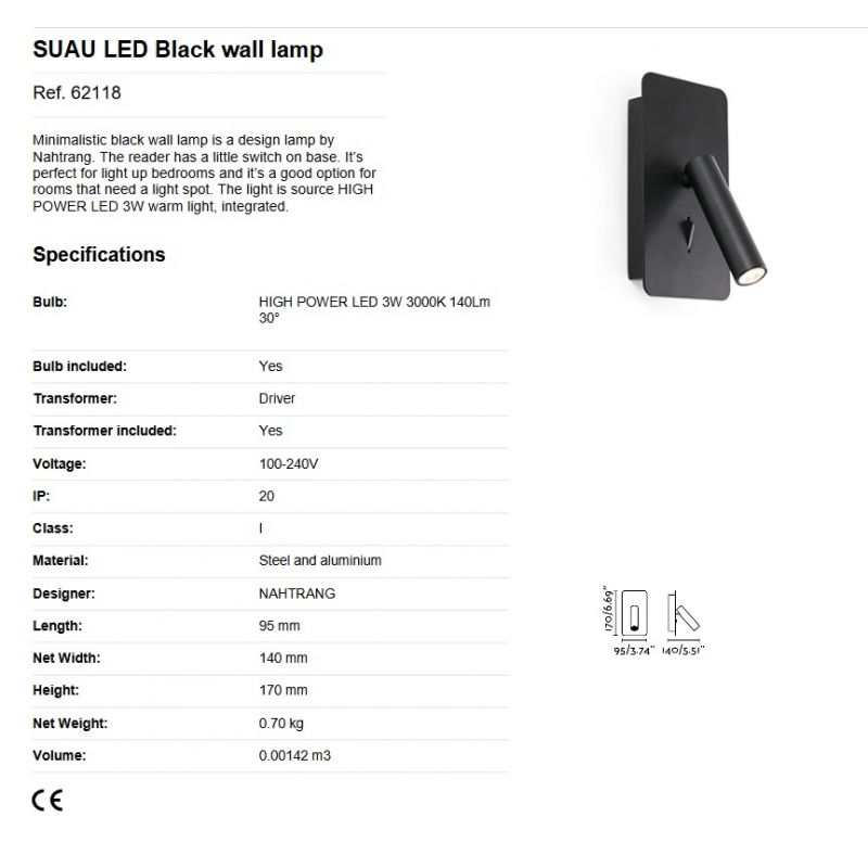 Aplica cu reader LED minimalista SUAU neagra