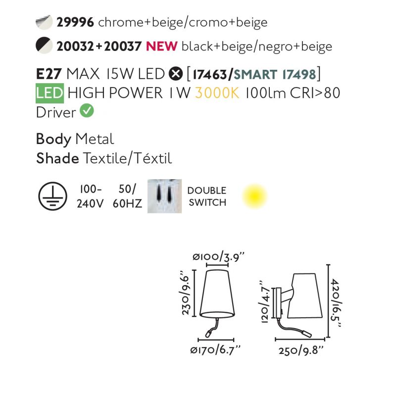 Aplica cu reader LED moderna design elegant LUPE negru/bej