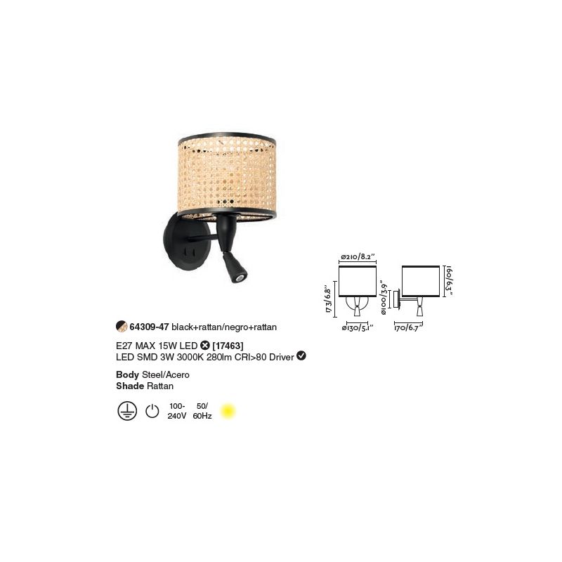 Aplica cu reader LED moderna design natural MAMBO negru/ratan