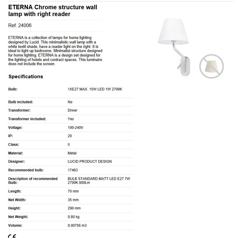 Aplica cu reader LED pe dreapta design elegant ETERNA crom/alb