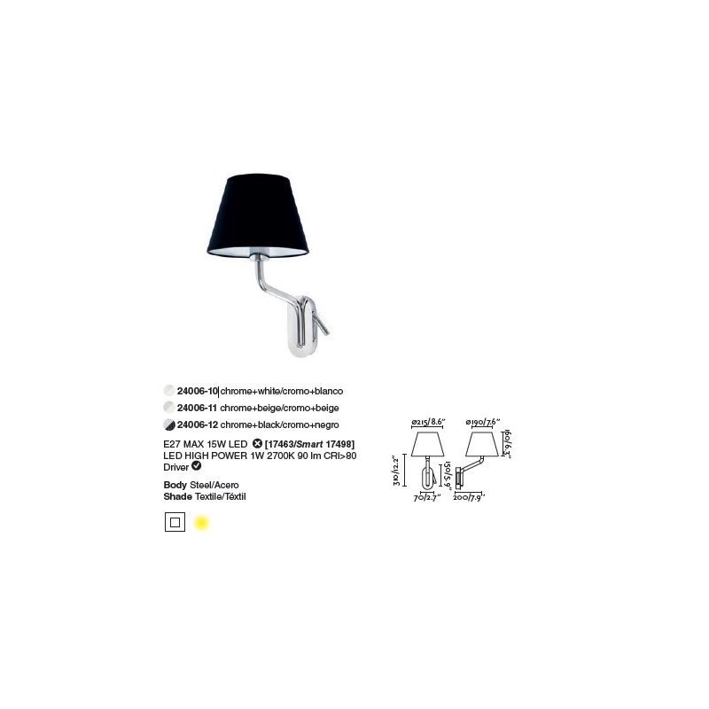 Aplica cu reader LED pe dreapta design elegant ETERNA crom/negru