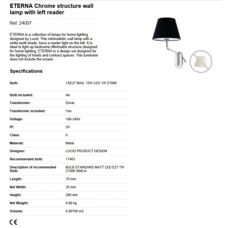 Aplica cu reader LED pe stanga design elegant ETERNA crom/alb