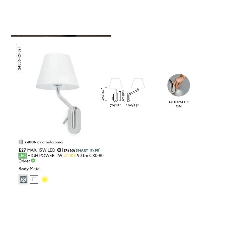 Aplica cu reader LED pe stanga design elegant ETERNA crom/alb