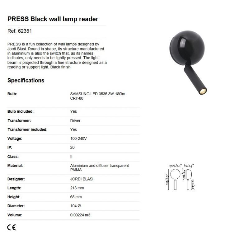 Aplica cu reader LED stil modern minimalist PRESS Black