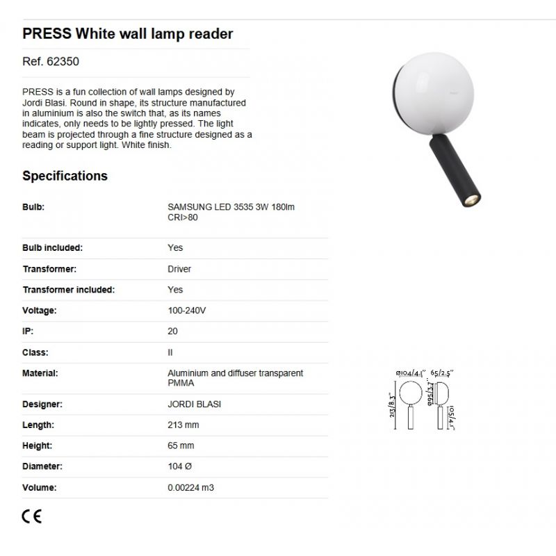 Aplica cu reader LED stil modern minimalist PRESS White