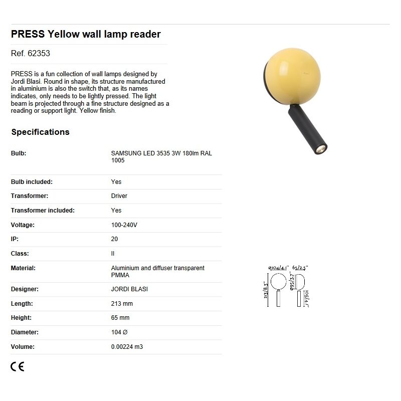 Aplica cu reader LED stil modern minimalist PRESS Yellow