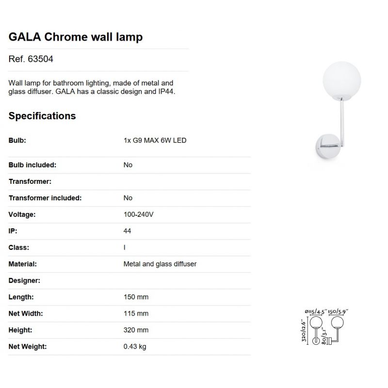 Aplica de perete baie cu protectie IP44 GALA Chrome