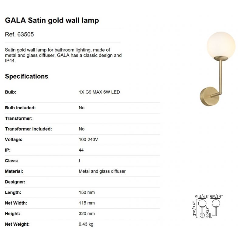 Aplica de perete baie cu protectie IP44 GALA Satin gold