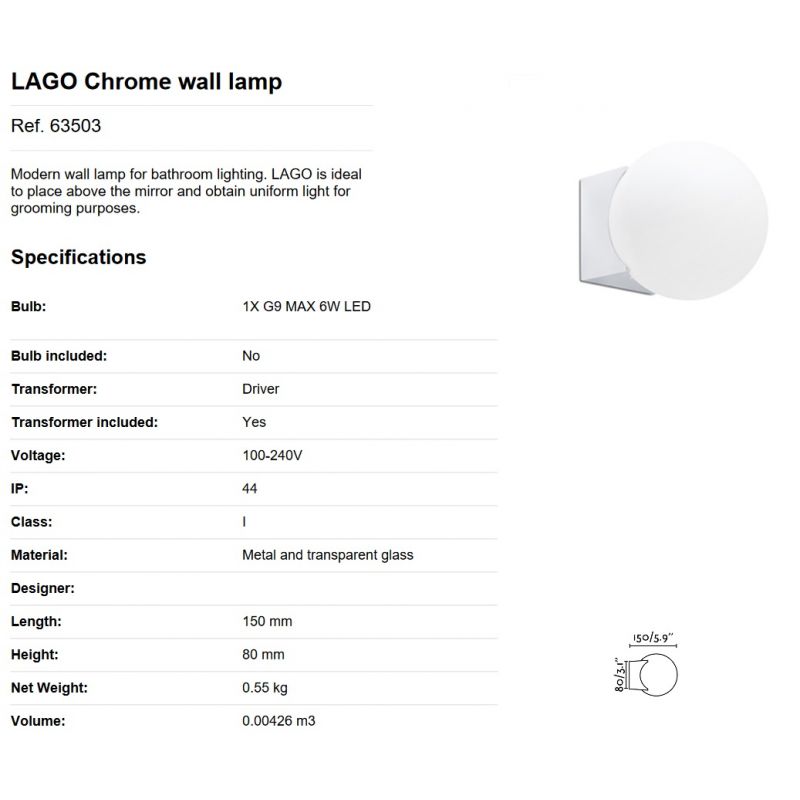Aplica de perete baie cu protectie IP44 LAGO Chrome