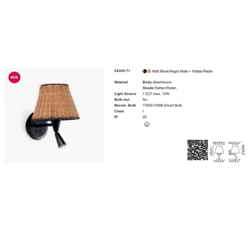 Aplica de perete cu reader design natural din ratan SUMBA