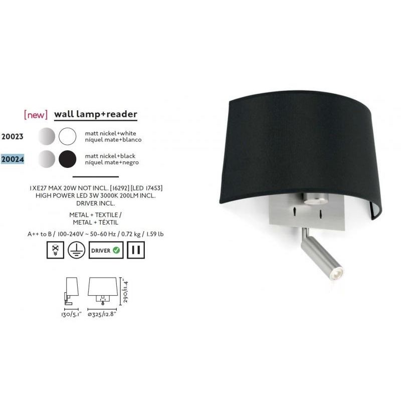 Aplica de perete moderna neagra cu reader LED, VOLTA